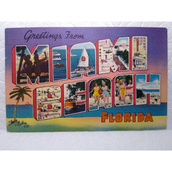 Greetings From Miami Beach Florida Large Letter Linen Postcard 1950 Palms Boats - Picture 2 of 3